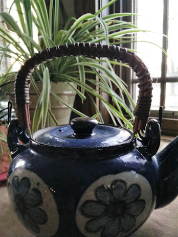 A bright ceramic teapot with a playful pattern, set beside a window with green plants.