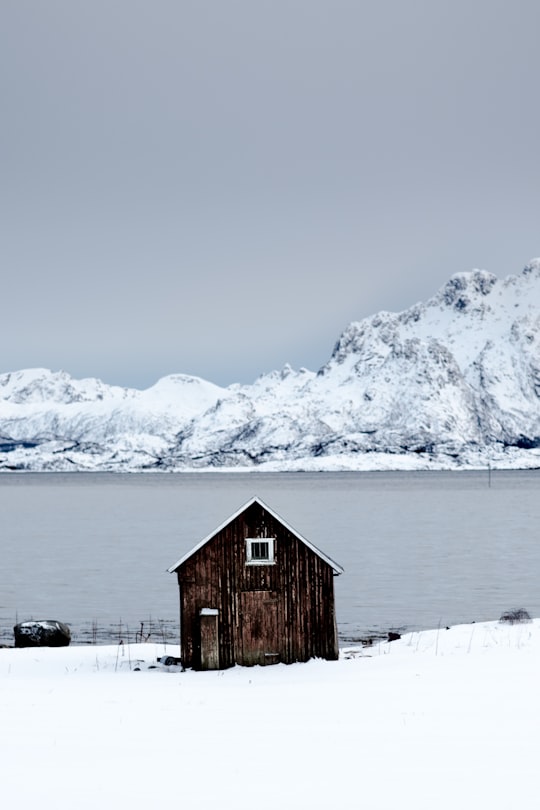 brown wooden shed near lake surrounded by snow in Lofoten Islands Norway