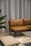 A modern interior with a brown leather sofa set against a backdrop of light grey curtains. Adjacent to the sofa is a low coffee table with a smooth surface and a beige chair in the foreground. A green plant with broad leaves peeks into the scene from the side.