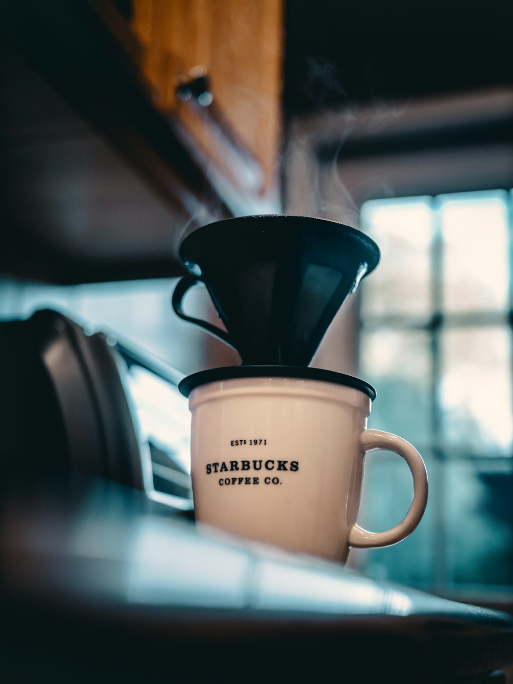 black funnel on white Starbucks mug