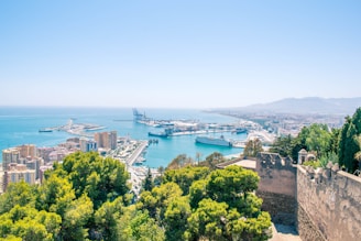 Panoramic view of a coastal city with a bustling harbor.