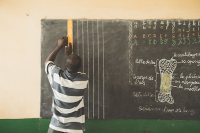 man writing on chalkboard togo google meet background