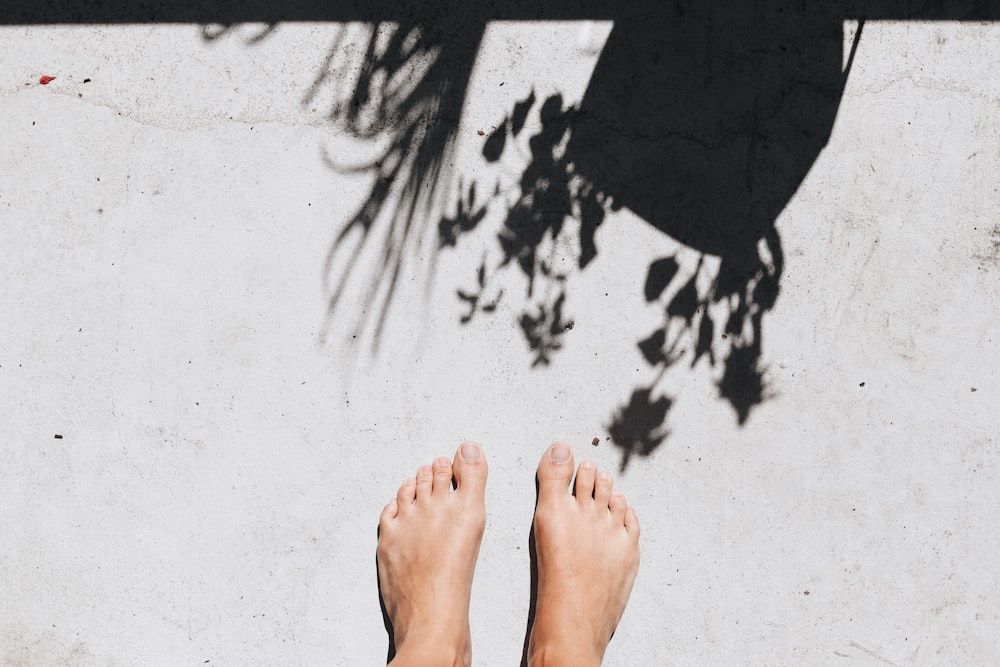 person feet in fornt of shadow of flowers and grass