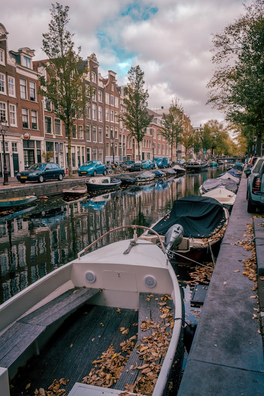 white and gray boat docked near buildings in Jordaan Netherlands