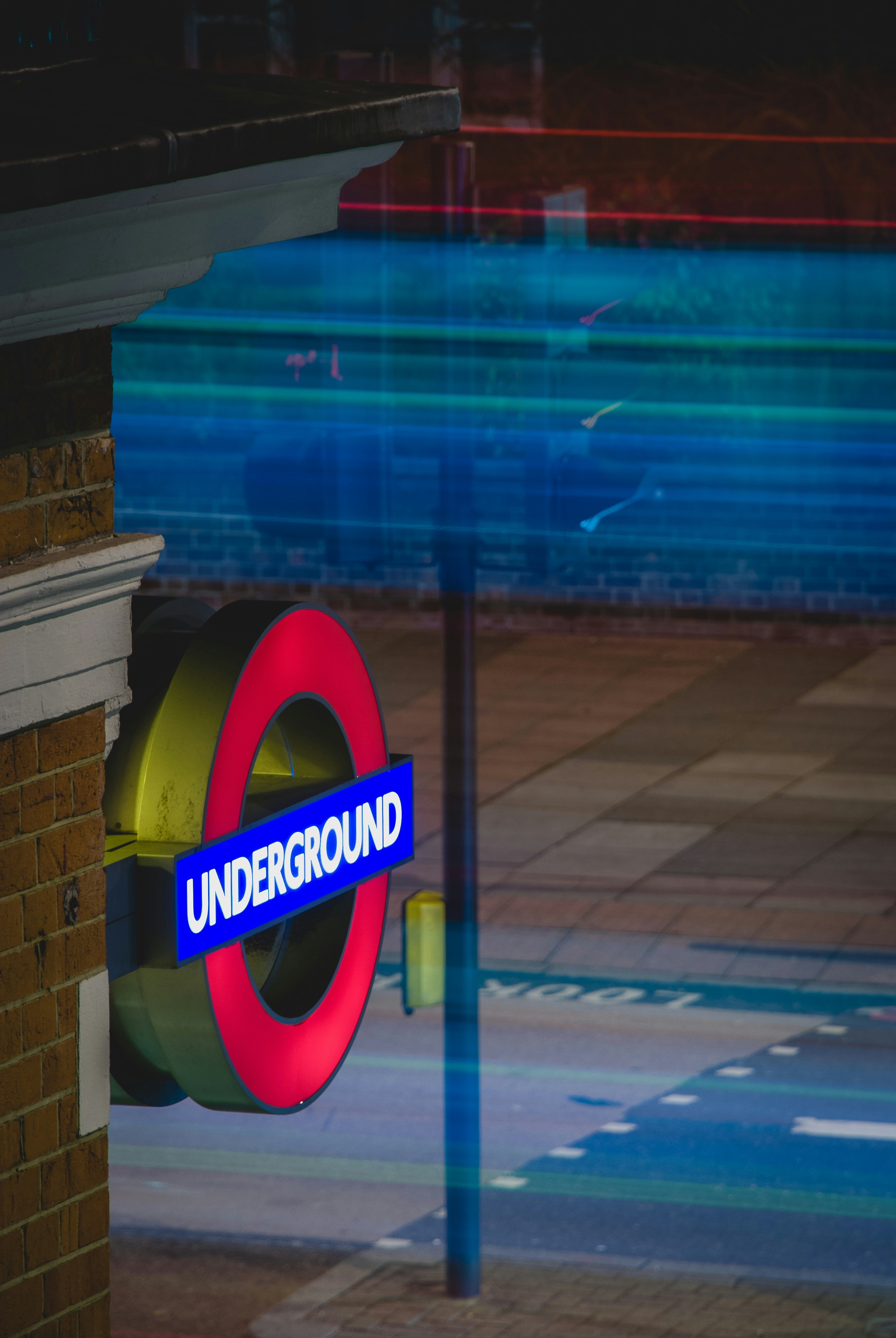 Underground signage with lights turned on