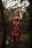 A pregnant woman stands among arching tree branches in a forest, wearing a long red floral dress. Dappled sunlight filters through the trees, highlighting her figure and casting soft shadows on the ground. The atmosphere is serene and natural, with an earthy, rustic setting.