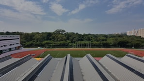 A large sports field with green grass is surrounded by a red athletics track. In the foreground, several modern buildings with pitched roofs are visible. A dense line of trees stretches in the middle ground, providing a lush green barrier between the sports field and the distant high-rise buildings. The sky is partly cloudy with patches of blue visible.