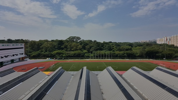 A large sports field with green grass is surrounded by a red athletics track. In the foreground, several modern buildings with pitched roofs are visible. A dense line of trees stretches in the middle ground, providing a lush green barrier between the sports field and the distant high-rise buildings. The sky is partly cloudy with patches of blue visible.