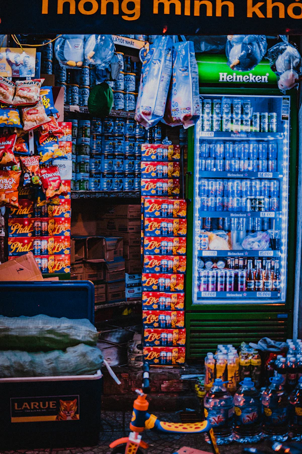 Colorful FMCG product shelves in a retail store