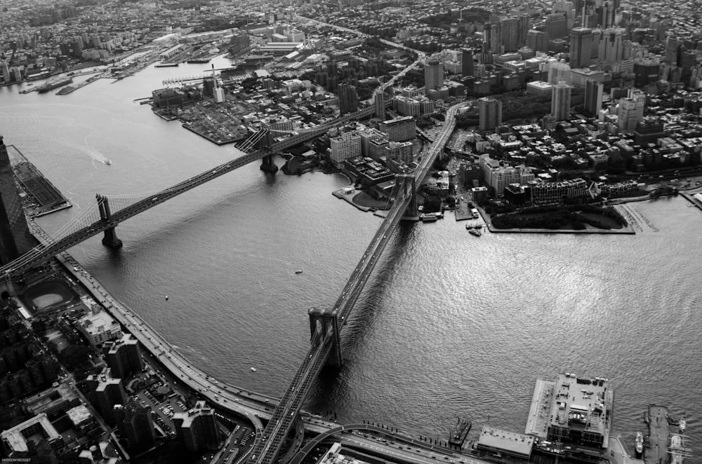 aerial grayscale photography of bridge and buildings