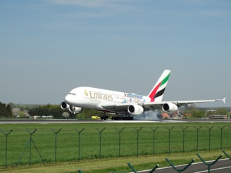 A large Emirates airplane is landing on a runway, with smoke visible from the rear wheels making contact with the ground. The aircraft has a colorful design on its body and the iconic Emirates logo is prominently displayed. The runway is bordered by green grass and a fence in the foreground, with trees and buildings in the background under a clear blue sky.