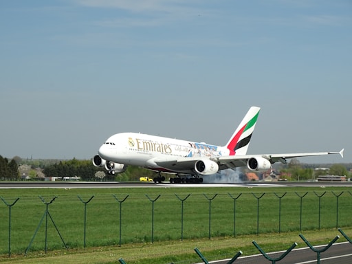 A large Emirates airplane is landing on a runway, with smoke visible from the rear wheels making contact with the ground. The aircraft has a colorful design on its body and the iconic Emirates logo is prominently displayed. The runway is bordered by green grass and a fence in the foreground, with trees and buildings in the background under a clear blue sky.