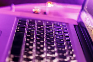 Close-up of hands typing on a laptop keyboard with a purple-grey color scheme in the background.