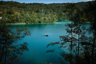 Couple enjoying a scenic boat ride on a crystal-clear lake surrounded by lush forests.