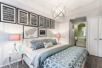 view of bedroom with spherical pendant lamp