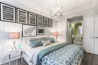 view of bedroom with spherical pendant lamp