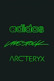 Three brand names are displayed in glowing green text against a dark background. The words are 'adidas', 'LIVESTOCK', and 'ARC'TERYX', each written in distinct styles.