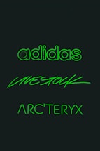 Three brand names are displayed in glowing green text against a dark background. The words are 'adidas', 'LIVESTOCK', and 'ARC'TERYX', each written in distinct styles.