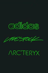 Three brand names are displayed in glowing green text against a dark background. The words are 'adidas', 'LIVESTOCK', and 'ARC'TERYX', each written in distinct styles.