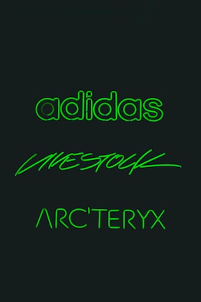 Three brand names are displayed in glowing green text against a dark background. The words are 'adidas', 'LIVESTOCK', and 'ARC'TERYX', each written in distinct styles.