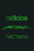 Three brand names are displayed in glowing green text against a dark background. The words are 'adidas', 'LIVESTOCK', and 'ARC'TERYX', each written in distinct styles.