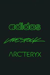 Three brand names are displayed in glowing green text against a dark background. The words are 'adidas', 'LIVESTOCK', and 'ARC'TERYX', each written in distinct styles.