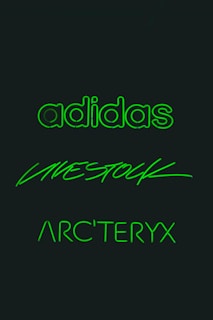 Three brand names are displayed in glowing green text against a dark background. The words are 'adidas', 'LIVESTOCK', and 'ARC'TERYX', each written in distinct styles.