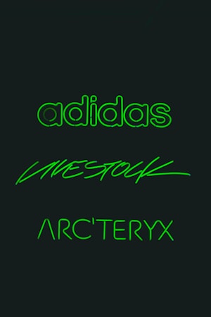 Three brand names are displayed in glowing green text against a dark background. The words are 'adidas', 'LIVESTOCK', and 'ARC'TERYX', each written in distinct styles.