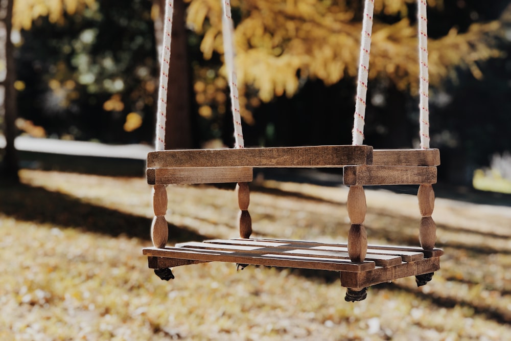 selective focus photography of brown wooden swing during daytime