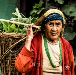 An elderly person wearing a bright red sweater and a colorful headscarf carries a large woven basket filled with green leaves on their back. They hold a wooden staff with a sickle attached, and wear a necklace made of green beads. The expression on the person's face appears hardworking and determined.