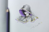 A pencil drawing of a figure wearing a hooded cloak. The cloak is primarily black and gray, with purple lining and yellow accents. The figure's face is partially concealed by the hood, showing a subtle smile. A purple and gray polka-dotted pencil is positioned near the drawing on the left side. The word 'cast' is written in cursive at the bottom right corner.
