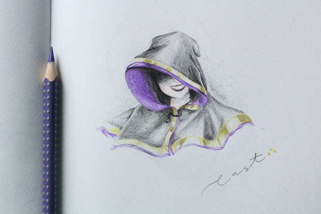 A pencil drawing of a figure wearing a hooded cloak. The cloak is primarily black and gray, with purple lining and yellow accents. The figure's face is partially concealed by the hood, showing a subtle smile. A purple and gray polka-dotted pencil is positioned near the drawing on the left side. The word 'cast' is written in cursive at the bottom right corner.