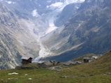A picturesque mountain valley with snow-capped peaks and a winding river carving through the landscape. In the foreground, there are several rustic wooden cabins on a grassy slope.