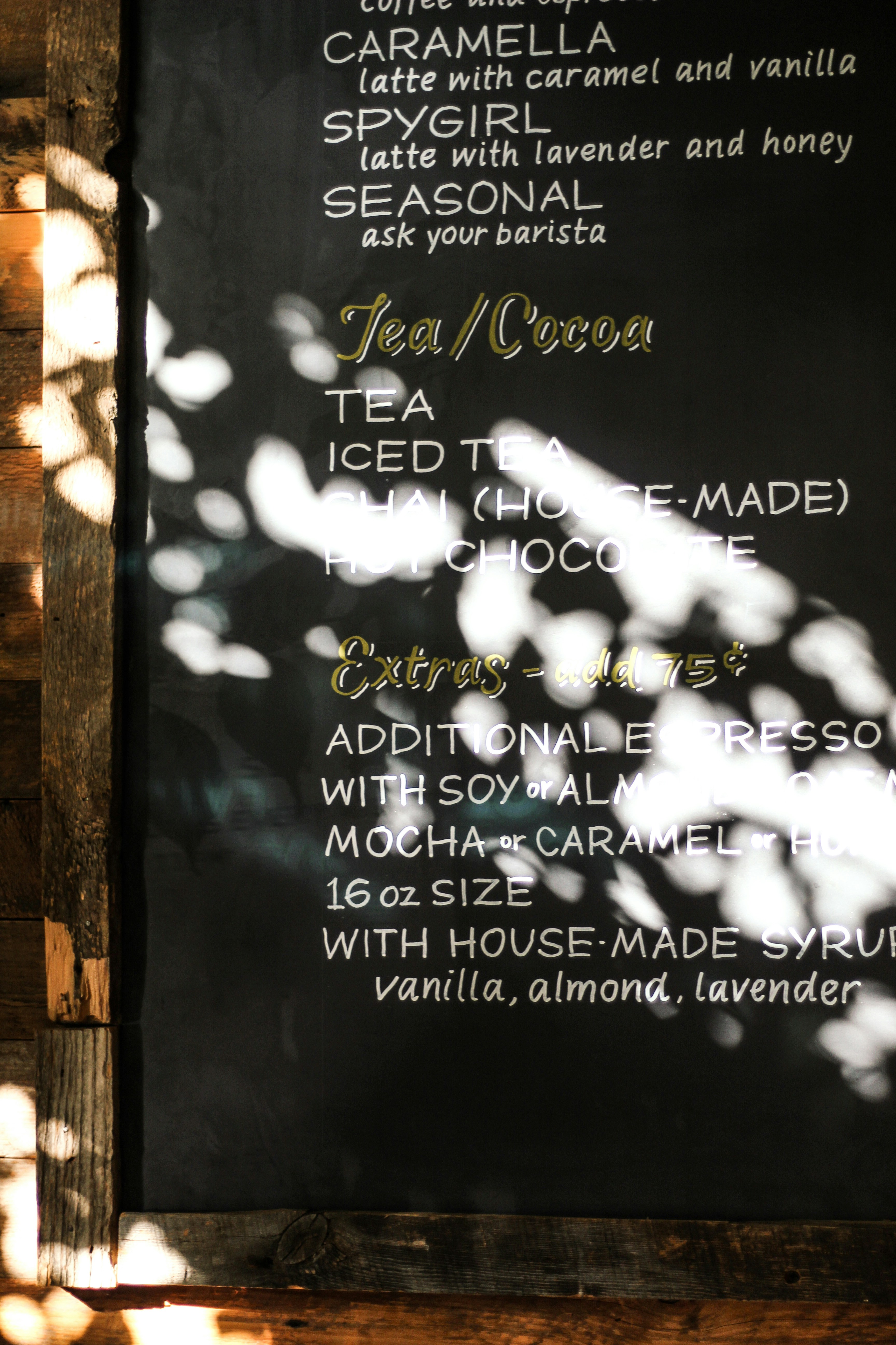 tea and cocoa menu board