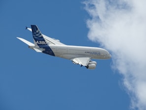 An Airbus plane soaring above clouds during a clear day.