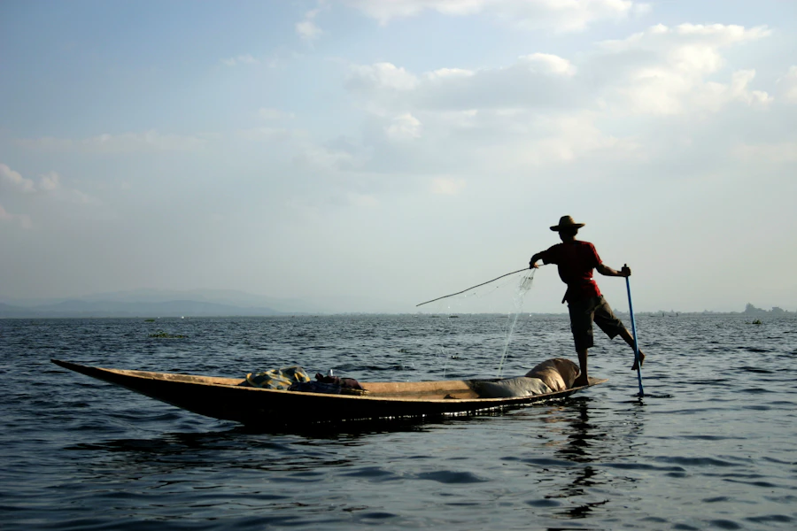 Fisherman silhouetted with net at dusk