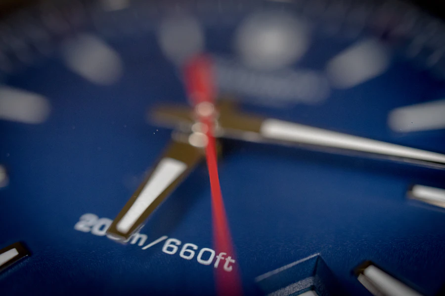 Macro of a diver's watch dial showing its 200 metre depth rating