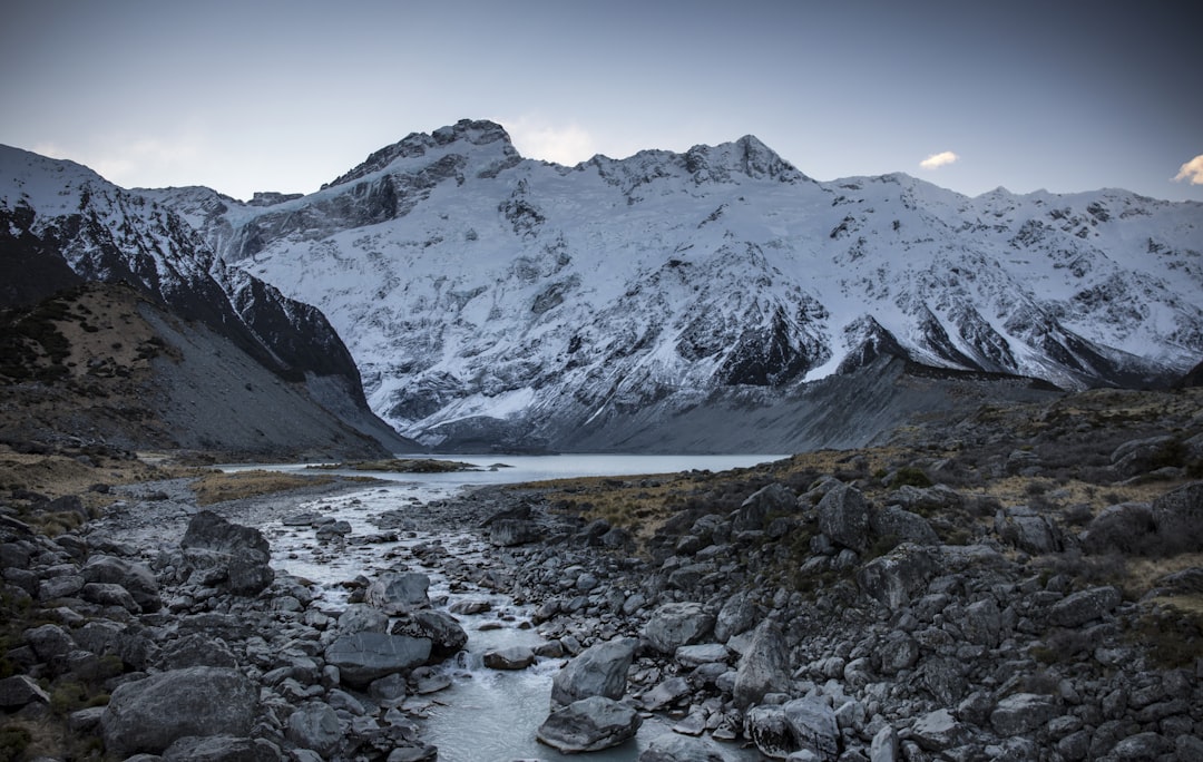 creek under glacier mountain and sky, Taken while crossing the Hooker River on my way up to Hooker Lake, late afternoon.<p></figure>Littleleafphotographynz.com