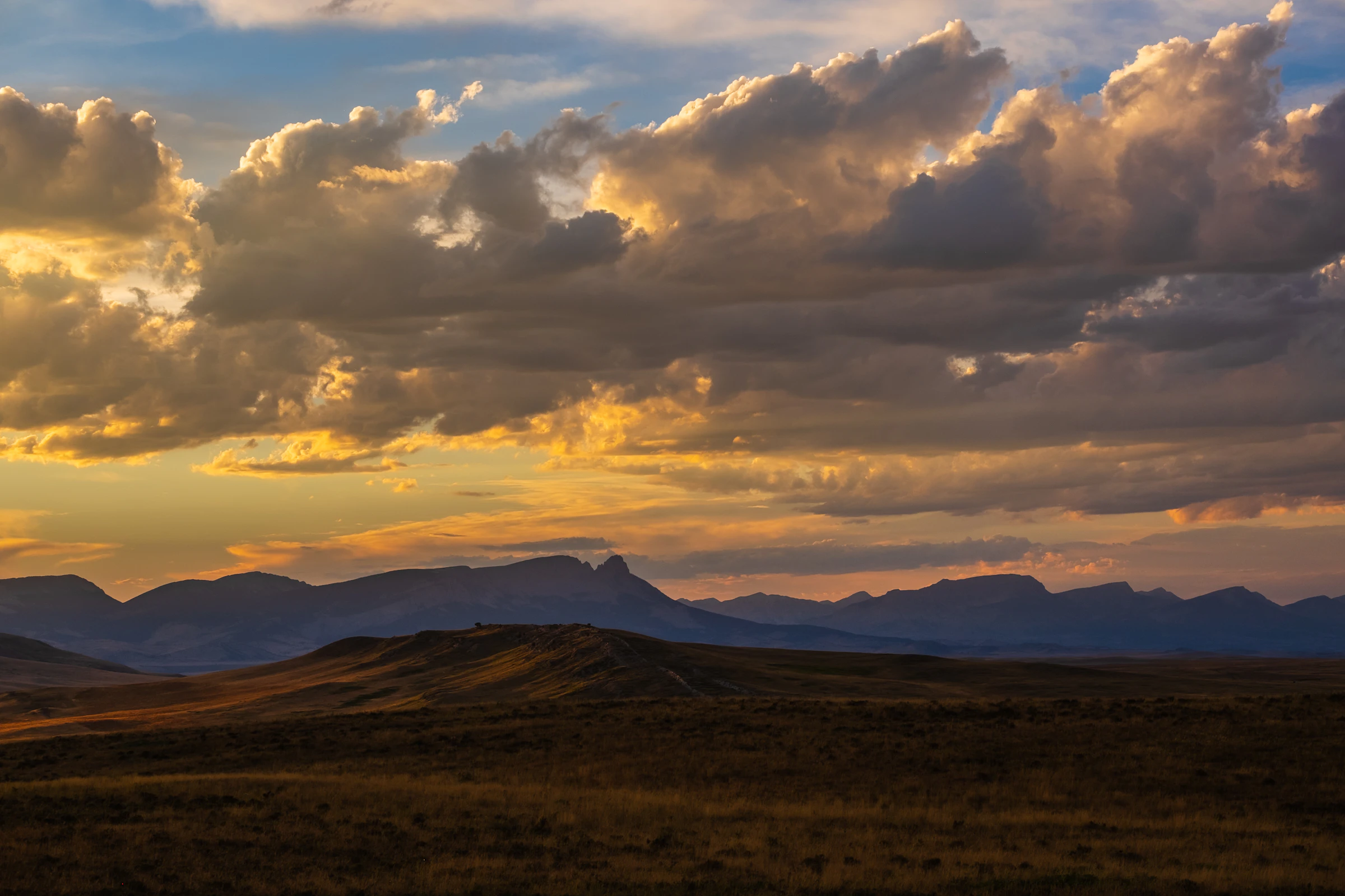 Sun going down over the Montana plains, the Front standing blue on the horizon