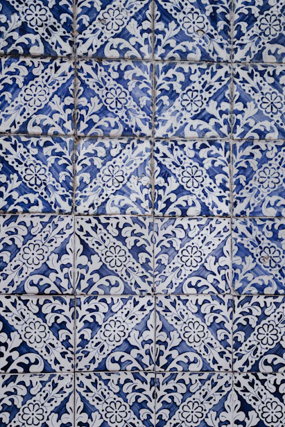 white and blue floral tiles