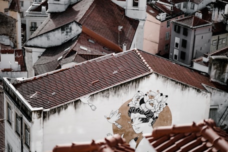 An aerial view of a cluster of buildings with reddish-brown shingled roofs. The dominant building in the foreground has a large mural depicting a person adorned with floral headgear and two birds flying around. The buildings are closely packed together, with some showing signs of wear and age.