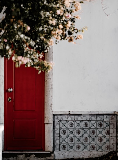 A vibrant red door is featured prominently, set in a white wall. The bottom half of the wall is adorned with decorative tiles featuring a floral pattern. A branch with blurred leaves and flowers partially obscures the top left corner.