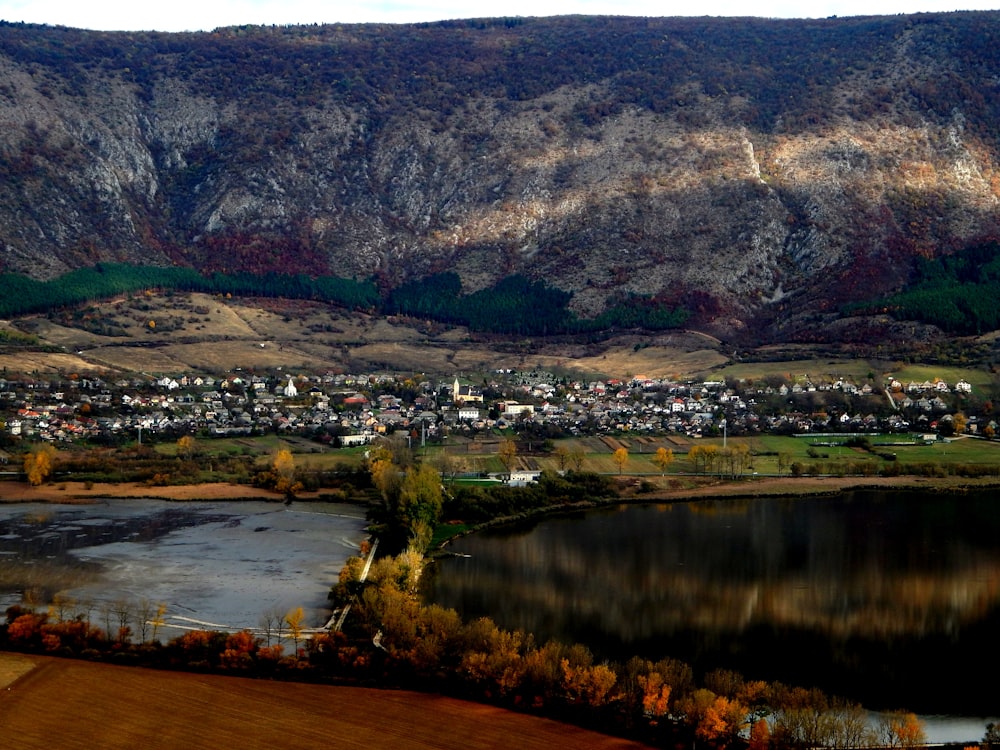 top view of body of water in middle of mountain