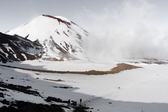 people walking on field near snow covered hill during daytime in Tongariro Alpine Crossing New Zealand