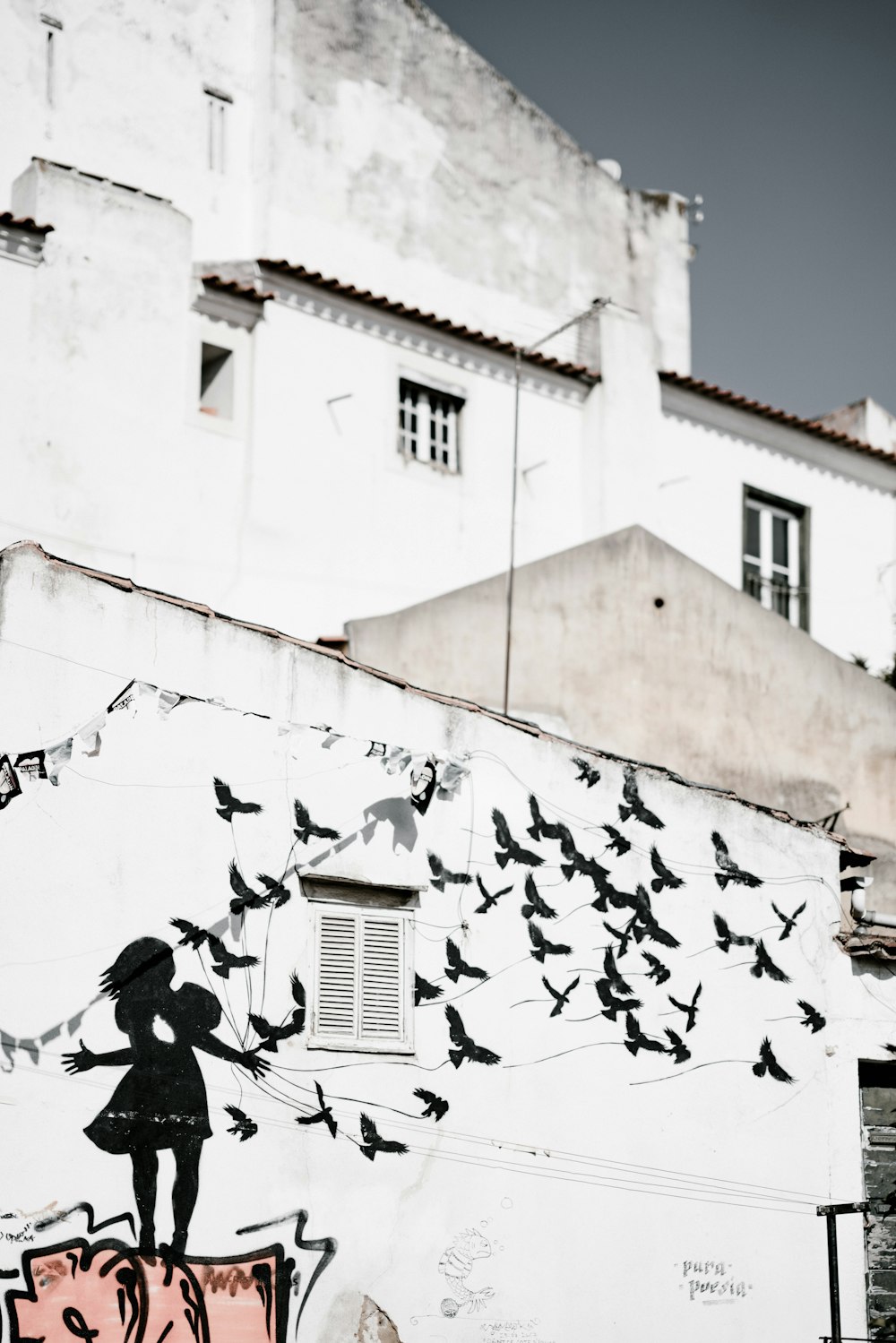 Un edificio con un murale di una ragazza e uccelli dipinti su di esso