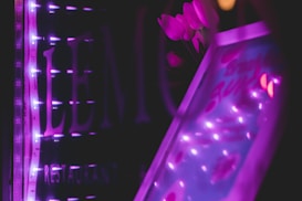 Neon lights cast a vibrant purple and pink glow, illuminating tulips beside a brightly lit sign. The scene is moody and artistic, with light reflecting off surrounding surfaces.