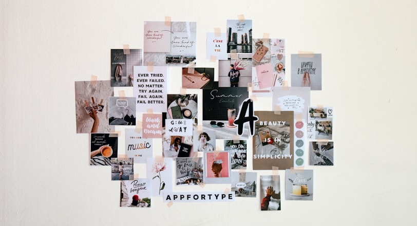 a collage of pictures and words on a white wall