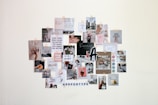 A collage of various small printed pictures and motivational quotes taped to a wall, showcasing a mix of lifestyle, fashion, and inspirational themes. The arrangement includes text-based posters with positive messages, aesthetically styled images of objects like coffee cups, flowers, and cityscapes.