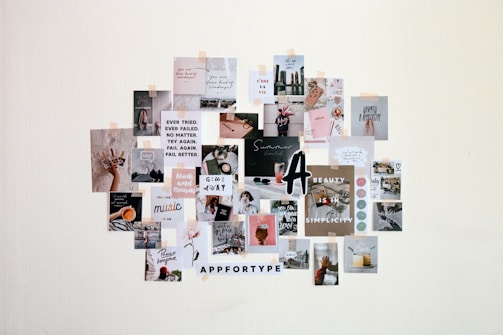 a collage of pictures and words on a white wall