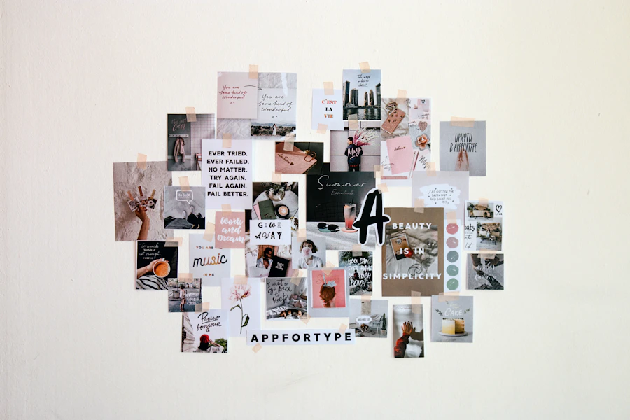Collage of framed pictures arranged on a white wall